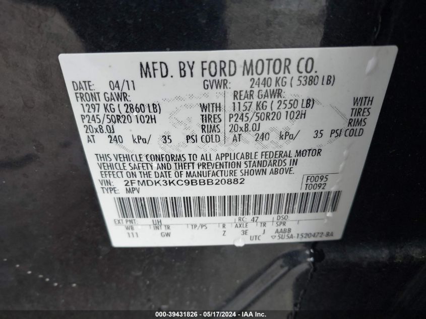 2011 Ford Edge Limited VIN: 2FMDK3KC9BBB20882 Lot: 39431826