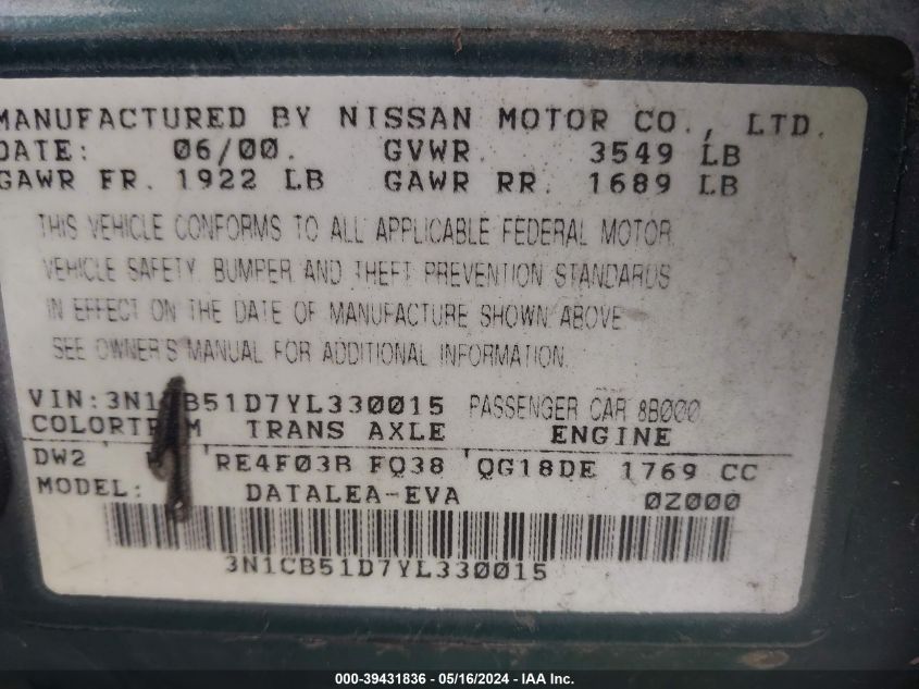 2000 Nissan Sentra Gxe/Xe VIN: 3N1CB51D7YL330015 Lot: 39431836