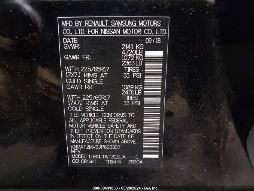 2018 Nissan Rogue Sv VIN: KNMAT2MV6JP623337 Lot: 39431838