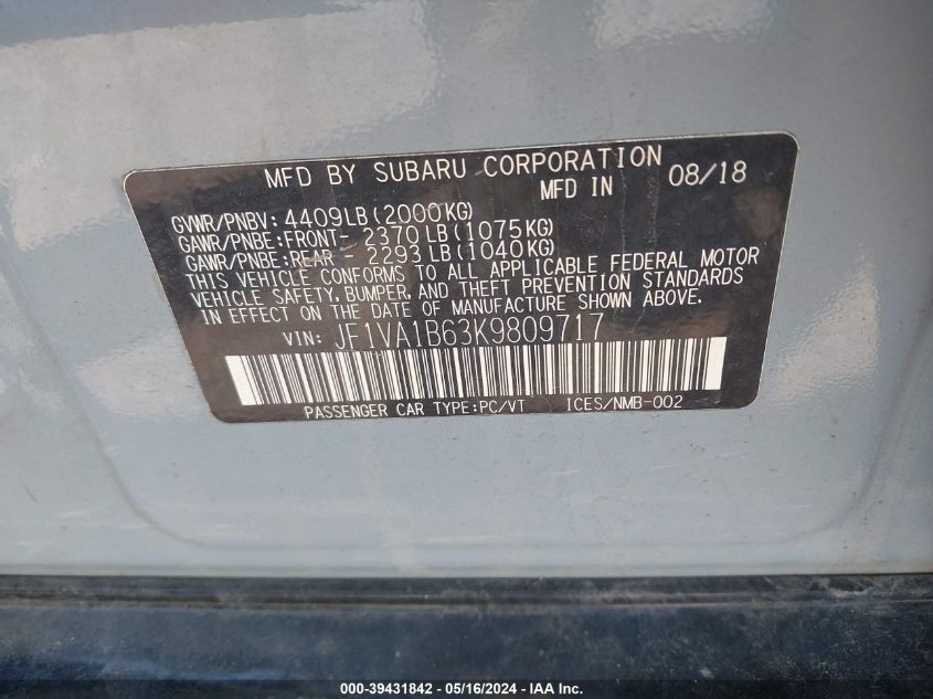 2019 Subaru Wrx Premium VIN: JF1VA1B63K9809717 Lot: 39431842