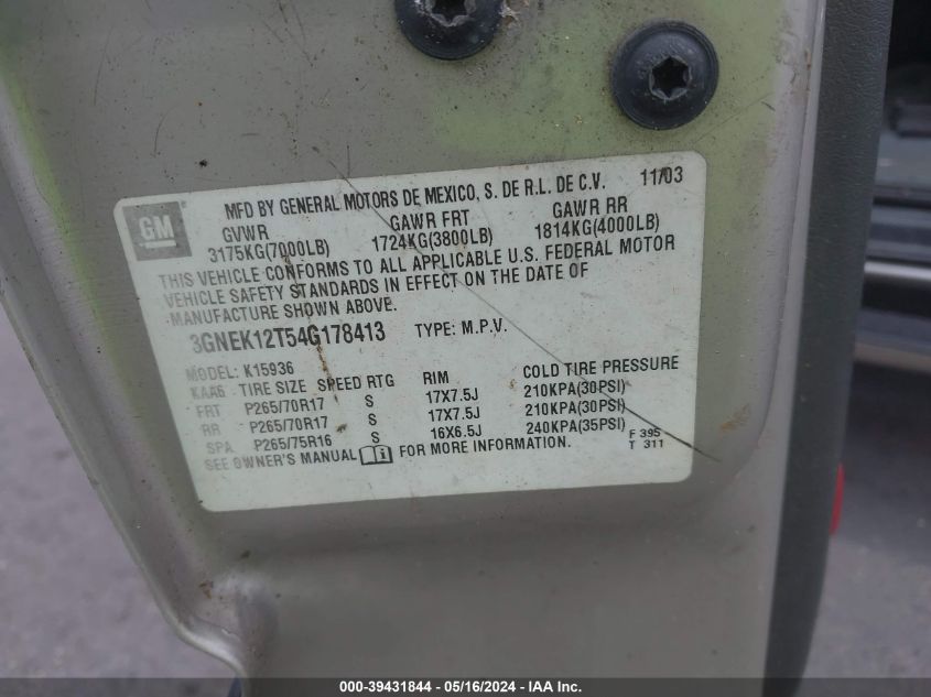2004 Chevrolet Avalanche 1500 VIN: 3GNEK12T54G178413 Lot: 39431844