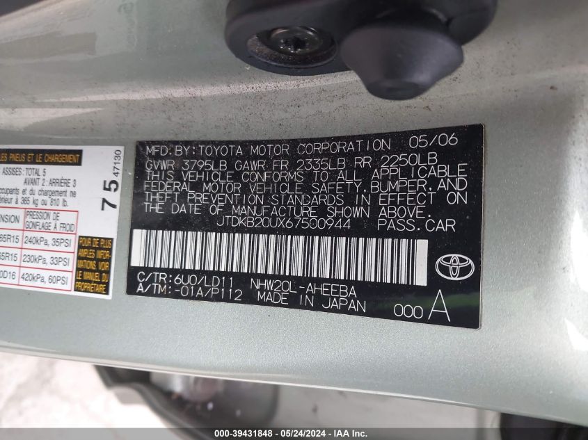 2006 Toyota Prius VIN: JTDKB20UX67500944 Lot: 39431848