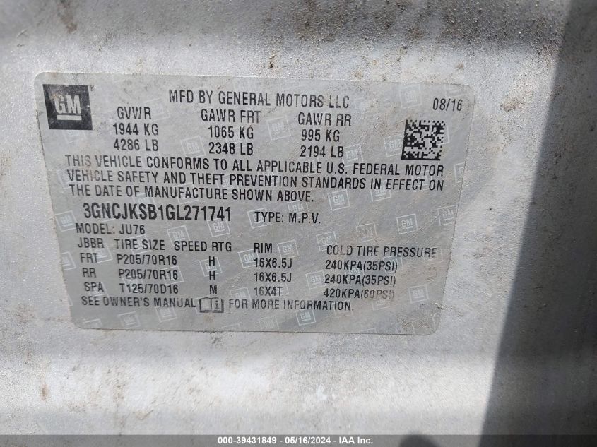2016 Chevrolet Trax 1Ls VIN: 3GNCJKSB1GL271741 Lot: 39431849