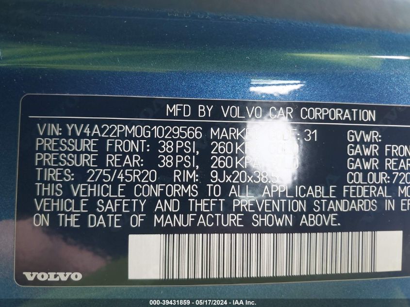 2016 Volvo Xc90 T6 R-Design VIN: YV4A22PM0G1029566 Lot: 39431859