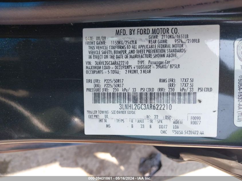2010 Lincoln Mkz VIN: 3LNHL2GC3AR622210 Lot: 39431861