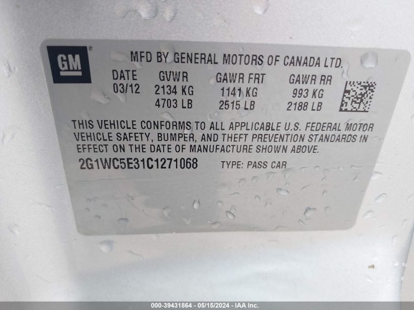 2012 Chevrolet Impala Ltz VIN: 2G1WC5E31C1271068 Lot: 39431864