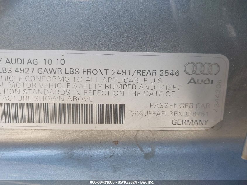 2011 Audi A4 2.0T Premium VIN: WAUFFAFL3BN028751 Lot: 39431866