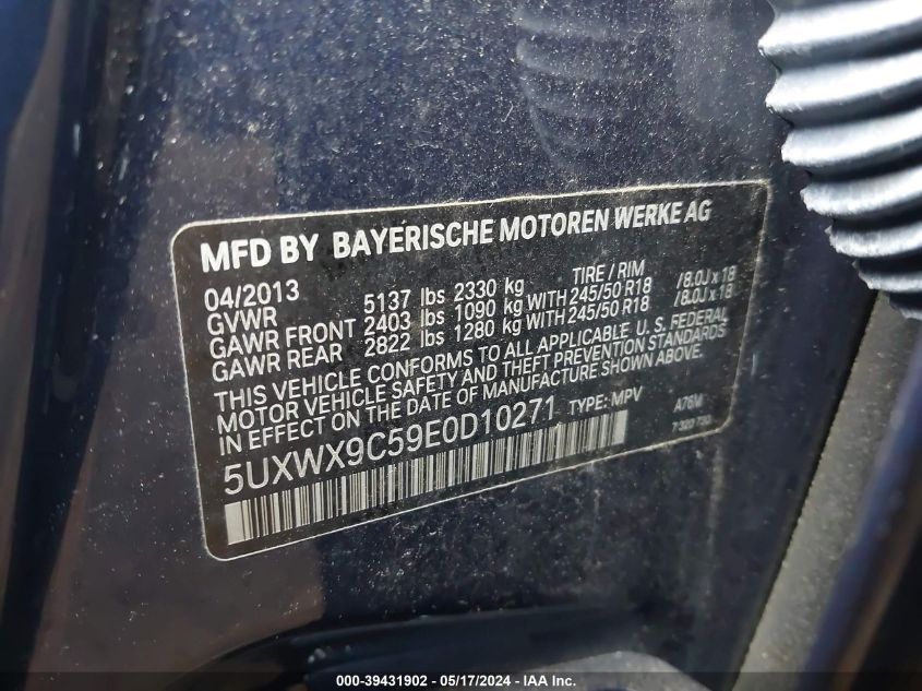 2014 BMW X3 xDrive28I VIN: 5UXWX9C59E0D10271 Lot: 39431902