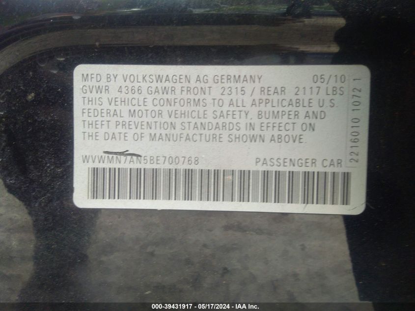 2011 Volkswagen Cc Sport VIN: WVWMN7AN5BE700768 Lot: 39431917