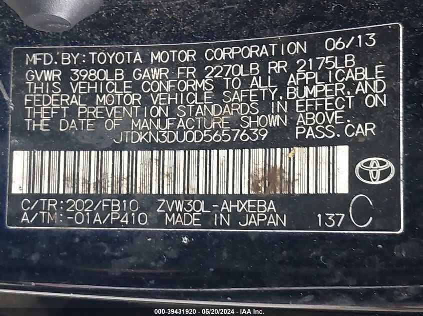 2013 Toyota Prius Two VIN: JTDKN3DU0D5657639 Lot: 39431920