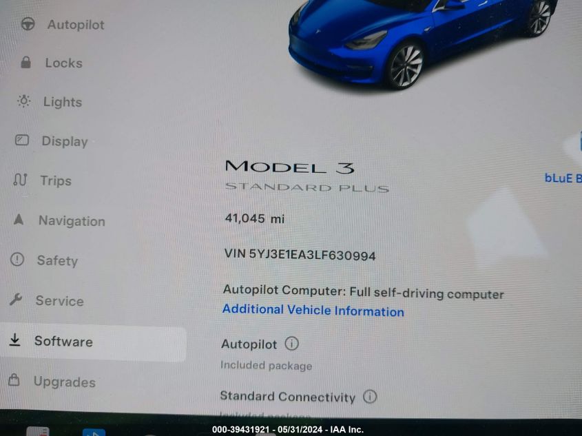 2020 Tesla Model 3 Standard Range Plus Rear-Wheel Drive/Standard Range Rear-Wheel Drive VIN: 5YJ3E1EA3LF630994 Lot: 39431921