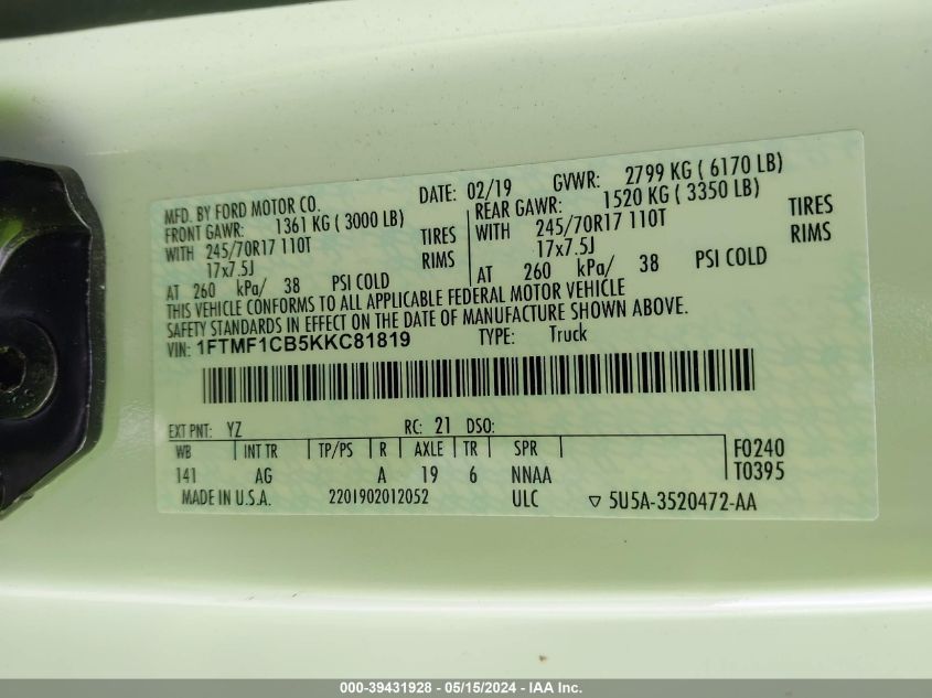 2019 Ford F-150 Xl VIN: 1FTMF1CB5KKC81819 Lot: 39431928