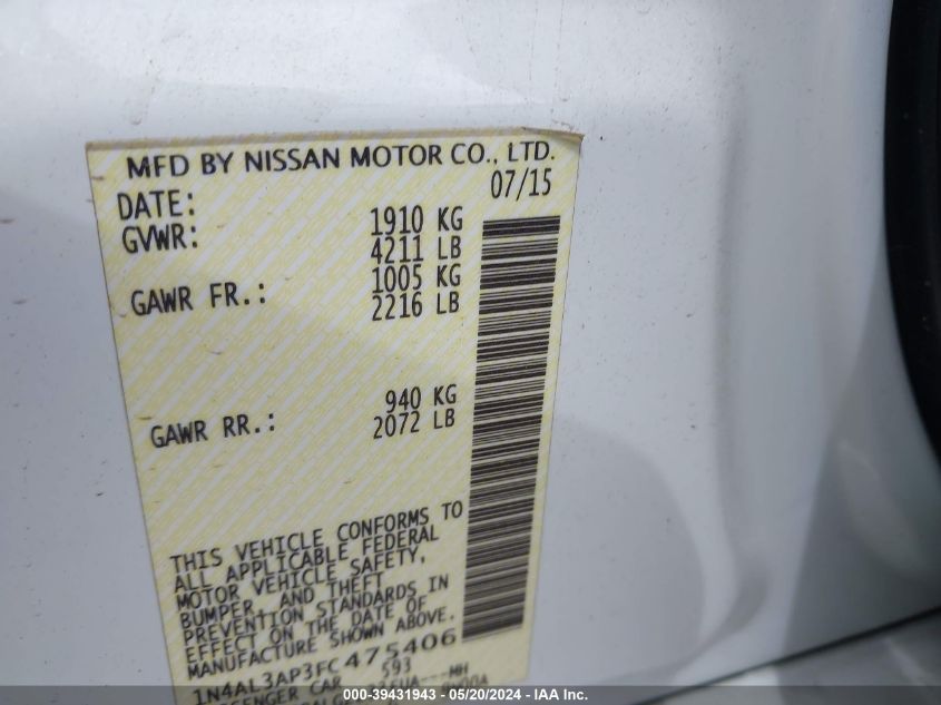 2015 Nissan Altima 2.5 S VIN: 1N4AL3AP3FC475406 Lot: 39431943