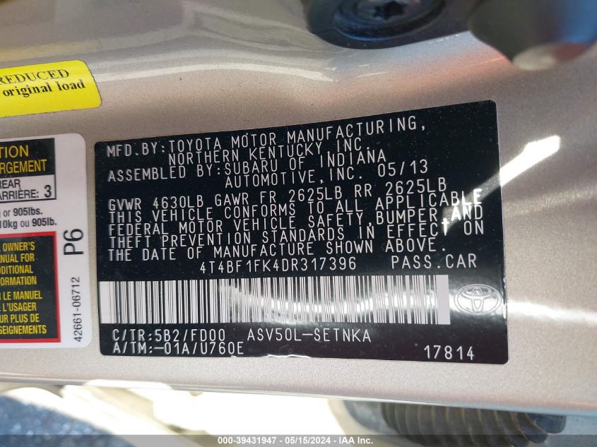 2013 Toyota Camry Le VIN: 4T4BF1FK4DR317396 Lot: 39431947