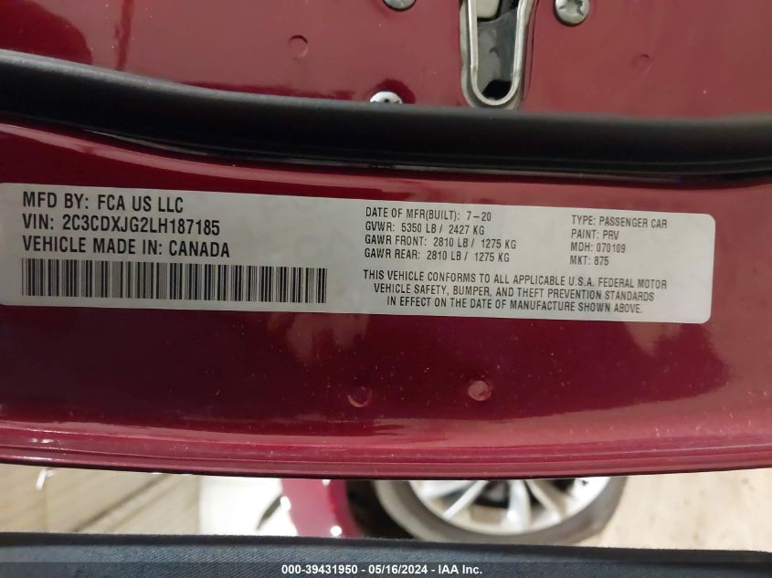 2020 Dodge Charger Sxt Awd VIN: 2C3CDXJG2LK187185 Lot: 39431950