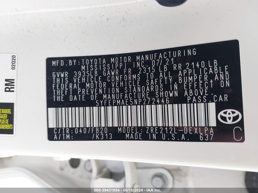 VIN 5YFEPMAE5NP272446 2022 TOYOTA COROLLA LE