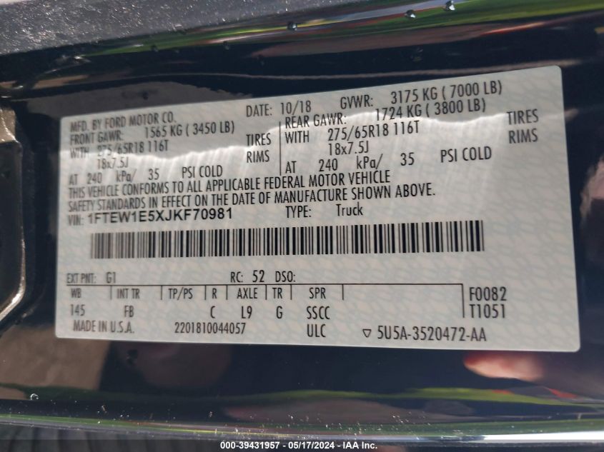 2018 Ford F-150 Xlt VIN: 1FTEW1E5XJKF70981 Lot: 39431957