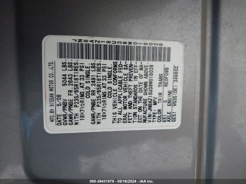 2009 Nissan Murano S/Sl VIN: JN8AZ18U39W018028 Lot: 39431979