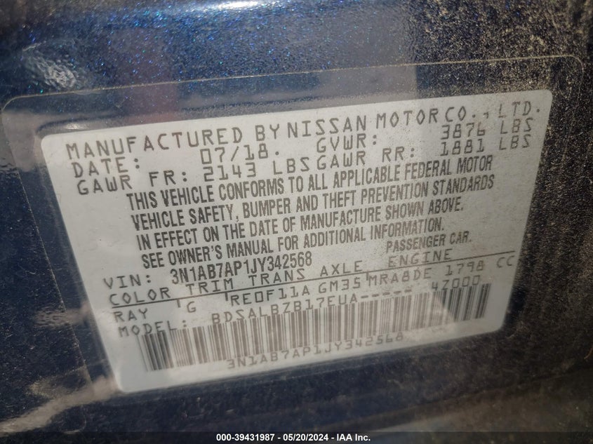 2018 Nissan Sentra S VIN: 3N1AB7AP1JY342568 Lot: 39431987