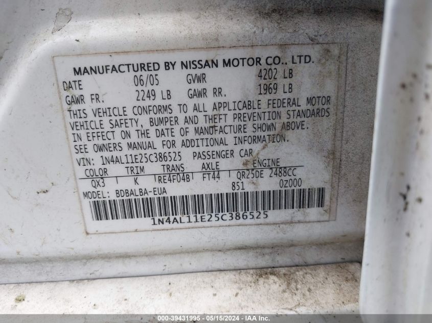 2005 Nissan Altima 2.5 S VIN: 1N4AL11E25C386525 Lot: 39431995