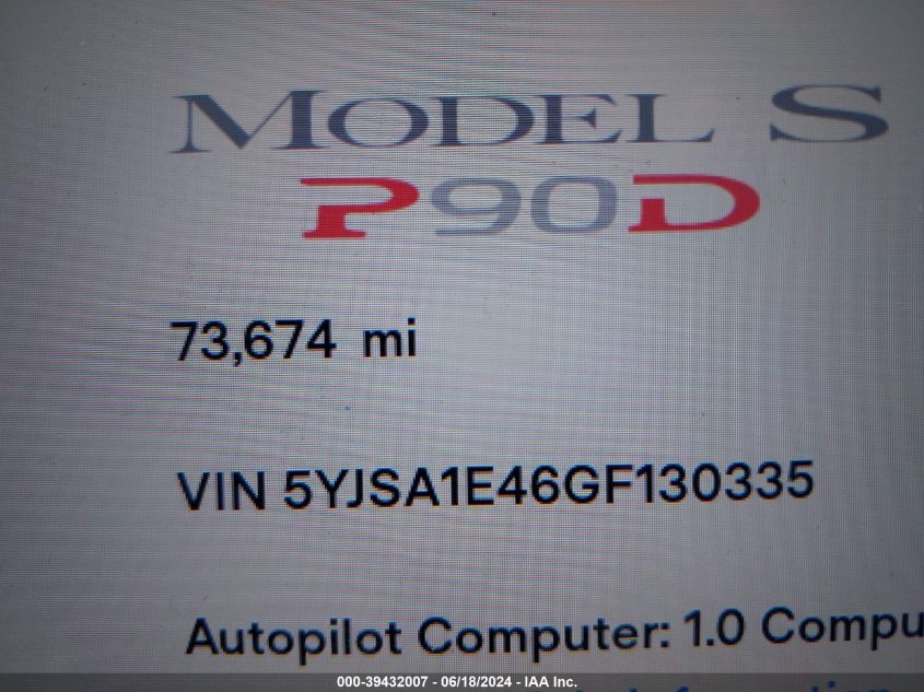 2016 Tesla Model S 90D/P100D/P85D/P90D VIN: 5YJSA1E46GF130335 Lot: 39432007