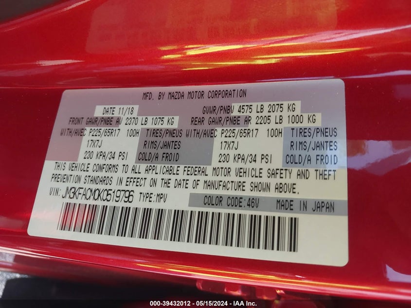 VIN JM3KFACM0K0519796 2019 MAZDA CX-5 TOURING
