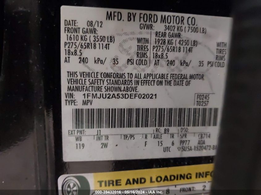 2013 Ford Expedition Limited VIN: 1FMJU2A53DEF02021 Lot: 39432016