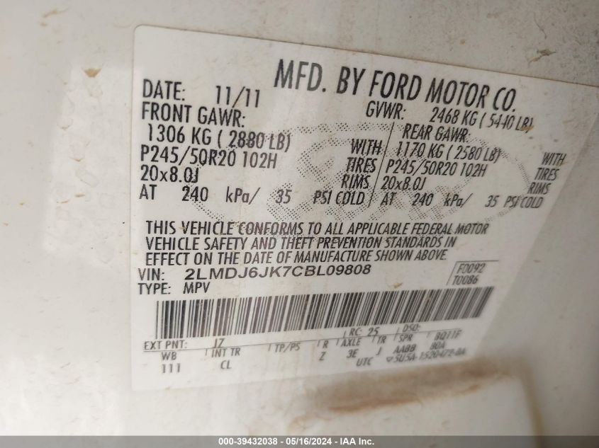 2012 Lincoln Mkx VIN: 2LMDJ6JK7CBL09808 Lot: 39432038