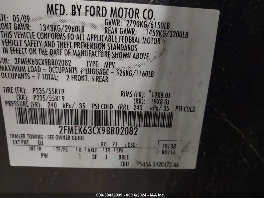 2009 Ford Flex Limited VIN: 2FMEK63CX9BB02082 Lot: 39432039