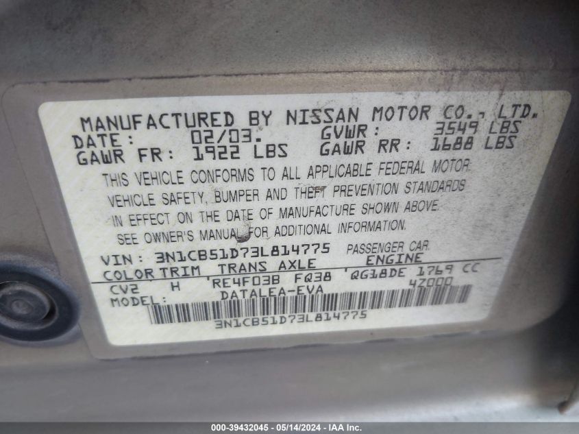 2003 Nissan Sentra Xe VIN: 3N1CB51D73L814775 Lot: 39432045