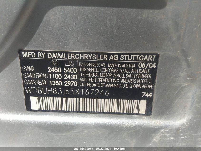 2005 Mercedes-Benz E 500 4Matic VIN: WDBUH83J65X167246 Lot: 39432058