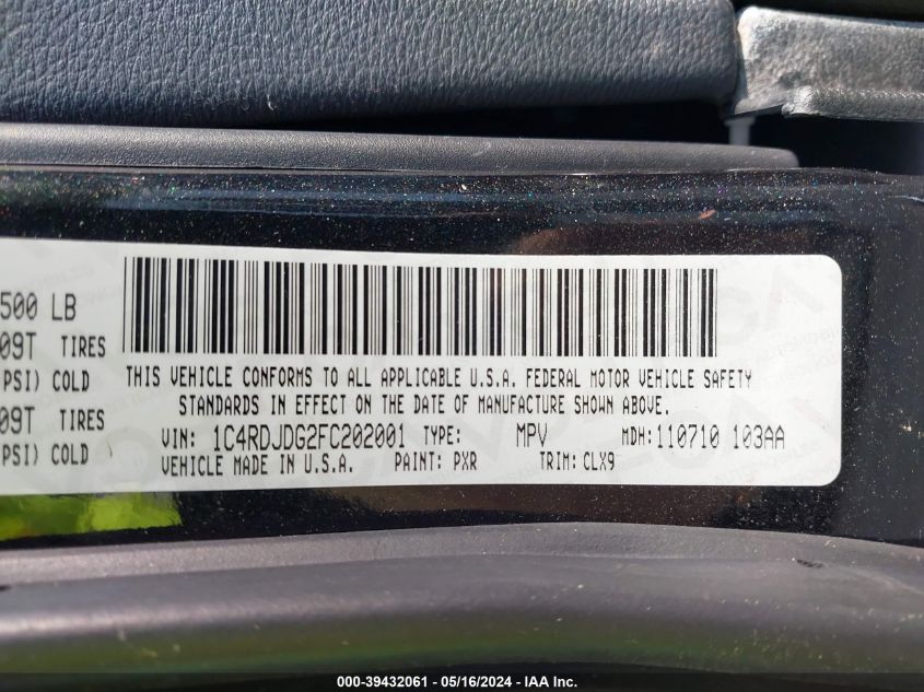 2015 Dodge Durango Limited VIN: 1C4RDJDG2FC202001 Lot: 39432061