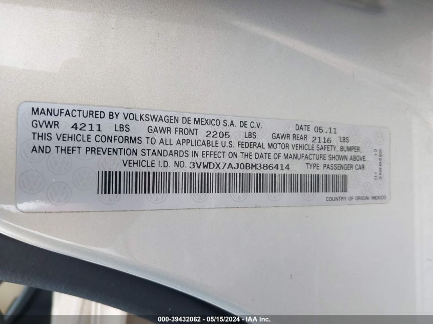 2011 Volkswagen Jetta 2.5L Se VIN: 3VWDX7AJ0BM386414 Lot: 39432062