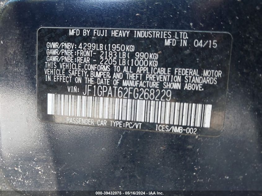 2015 Subaru Impreza 2.0I Sport Premium VIN: JF1GPAT62FG268229 Lot: 39432075