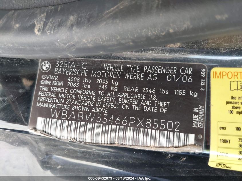 2006 BMW 325Ci VIN: WBABW33466PX85502 Lot: 39432079
