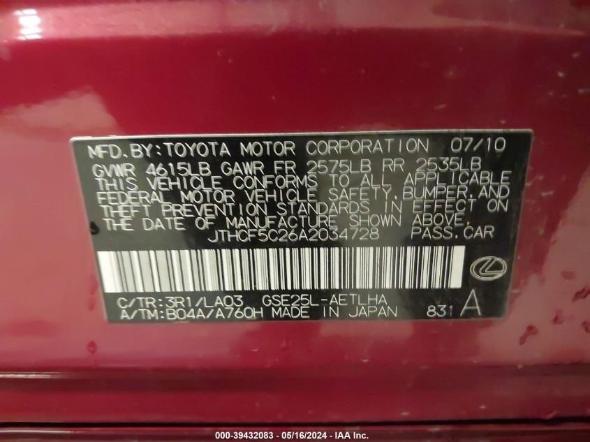 2010 Lexus Is 250 VIN: JTHCF5C26A2034728 Lot: 39432083