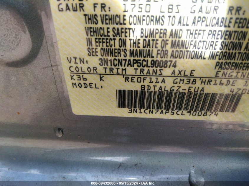 2012 Nissan Versa 1.6 Sl VIN: 3N1CN7AP5CL900874 Lot: 39432086