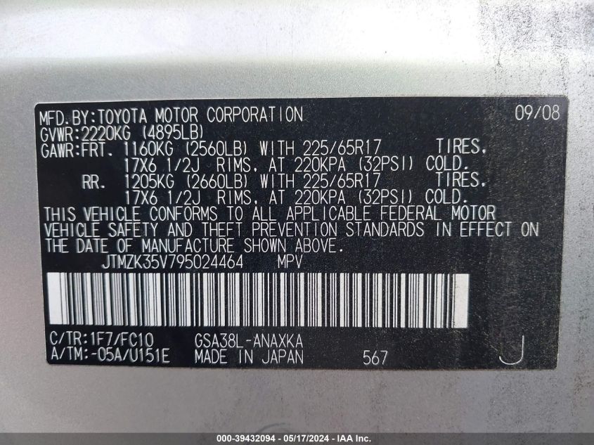 2009 Toyota Rav4 Base V6 VIN: JTMZK35V795024464 Lot: 39432094