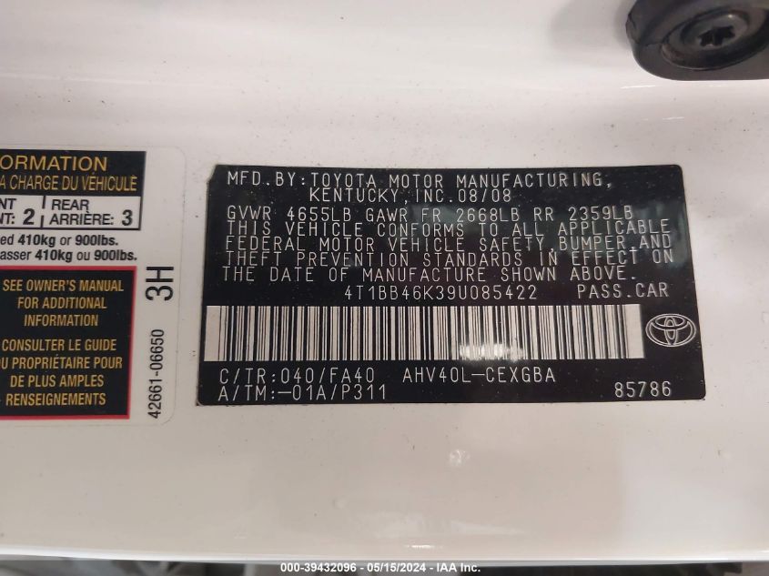 2009 Toyota Camry Hybrid VIN: 4T1BB46K39U085422 Lot: 39432096