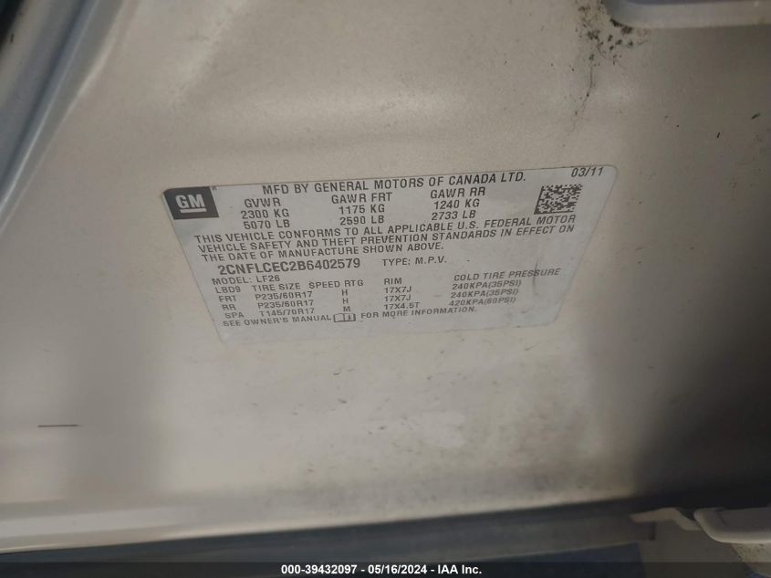 2011 Chevrolet Equinox Ls VIN: 2CNFLCEC2B6402579 Lot: 39432097