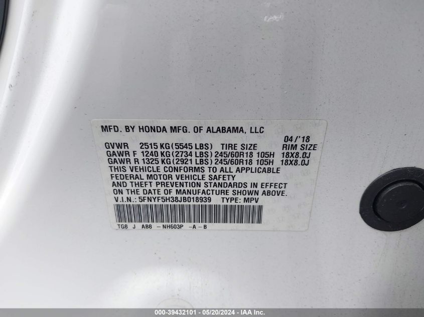 2018 Honda Pilot Ex VIN: 5FNYF5H38JB018939 Lot: 39432101