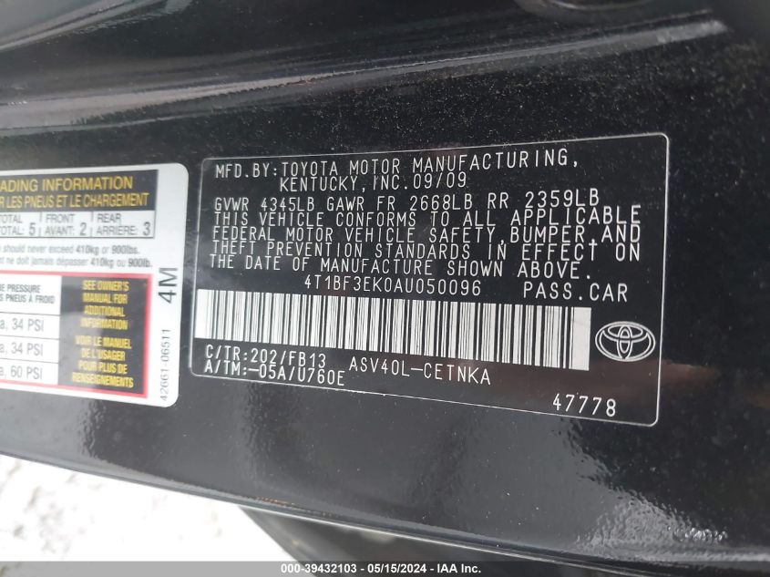 2010 Toyota Camry Le VIN: 4T1BF3EK0AU050096 Lot: 39432103