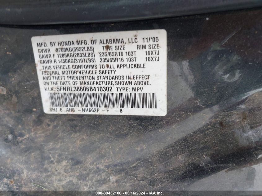 2006 Honda Odyssey Ex-L VIN: 5FNRL38606B410302 Lot: 39432106