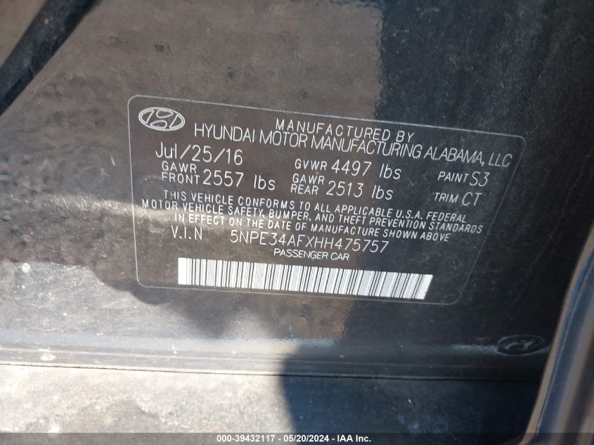 5NPE34AFXHH475757 | 2017 HYUNDAI SONATA