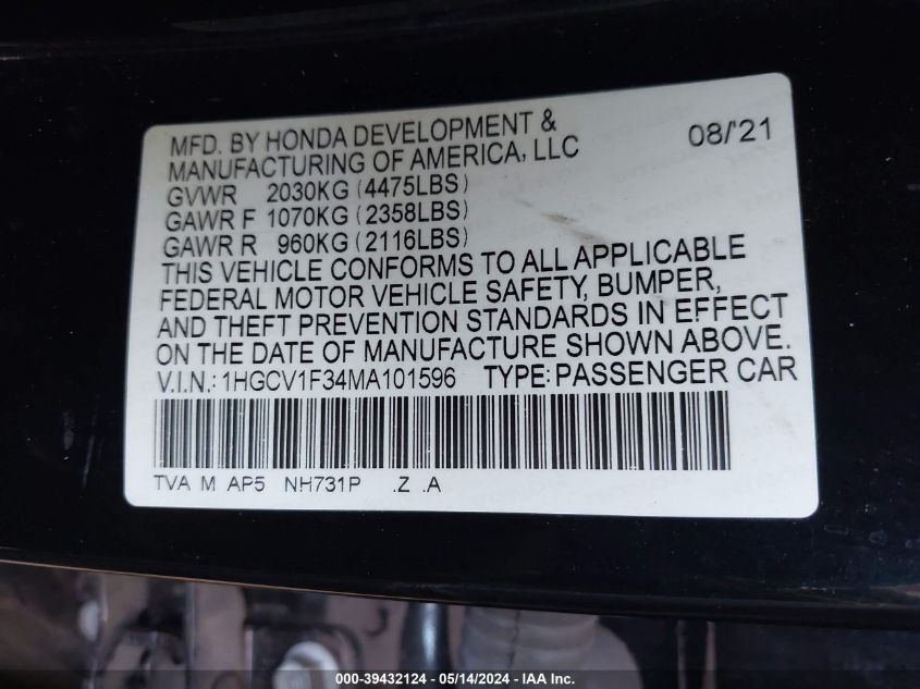 2021 Honda Accord Sport VIN: 1HGCV1F34MA101596 Lot: 39432124