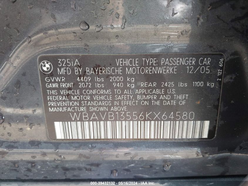 2006 BMW 325I VIN: WBAVB13556KX64580 Lot: 39432132