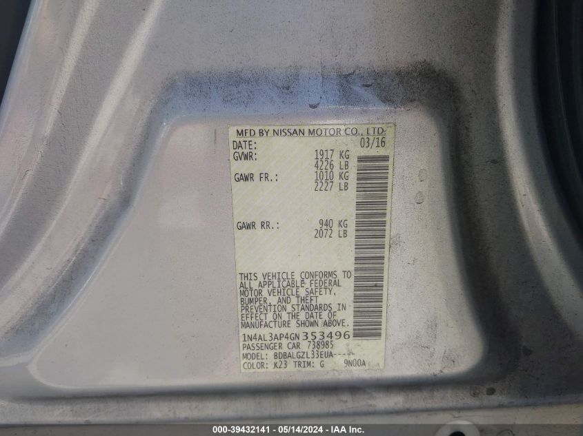 2016 Nissan Altima 2.5/2.5 S/2.5 Sl/2.5 Sr/2.5 Sv VIN: 1N4AL3AP4GN353496 Lot: 39432141