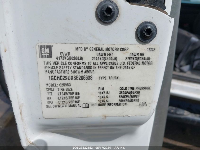 2003 Chevrolet Silverado 2500Hd VIN: 1GCHC29UX3E206638 Lot: 39432153