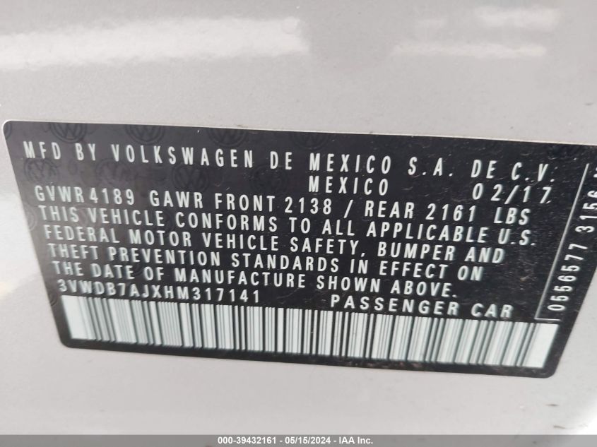 2017 Volkswagen Jetta 1.4T Se VIN: 3VWDB7AJXHM317141 Lot: 39432161