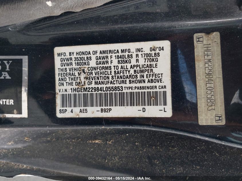 2004 Honda Civic Ex VIN: 1HGEM22984L055853 Lot: 39432164